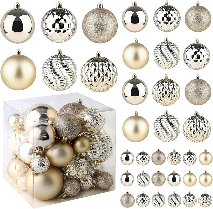 Christmas Balls Ornaments -36pcs Shatterproof Christmas Tree Decorations with Hanging Loop for Xmas Tree Wedding Holiday Party Home Decor,6 Styles in 3 Sizes(Champagne Gold)