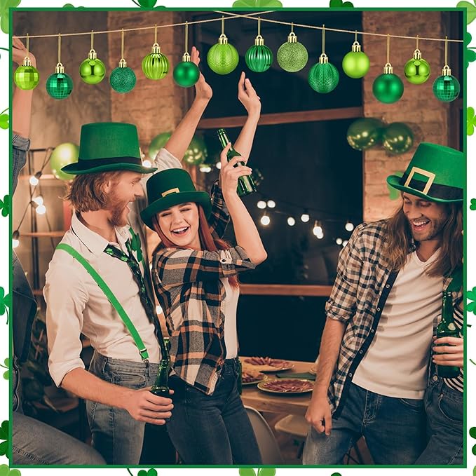 64 Pcs St. Patrick's Day Ball Ornaments Glitter Matt Lime Green Assorted Plastic Irish St. Patrick's Day Decoration for Xmas Tree & Party Supplies