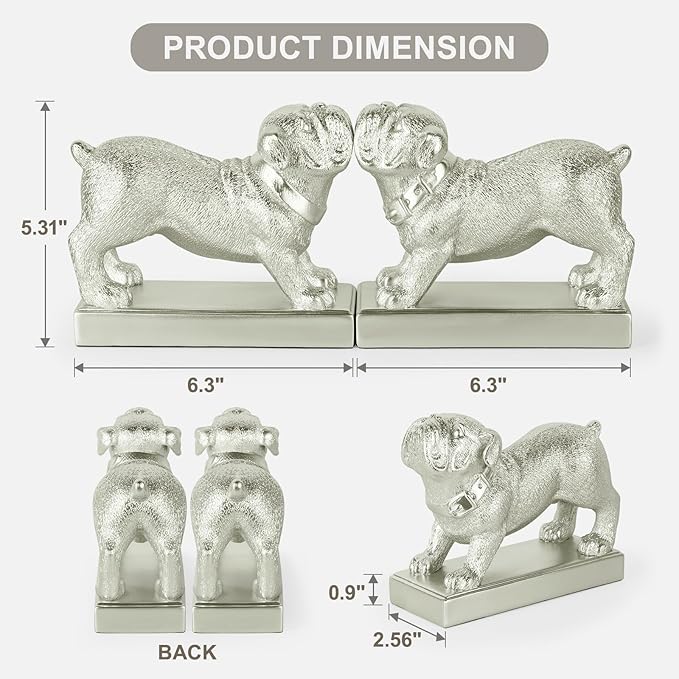 Decorative Bookends for Shelves, Dog Book Ends for Heavy Books, Bulldog Statues Bookends for Heavy Books with Anti-Slip Base Book Holders for Home Office Decor (Silver)