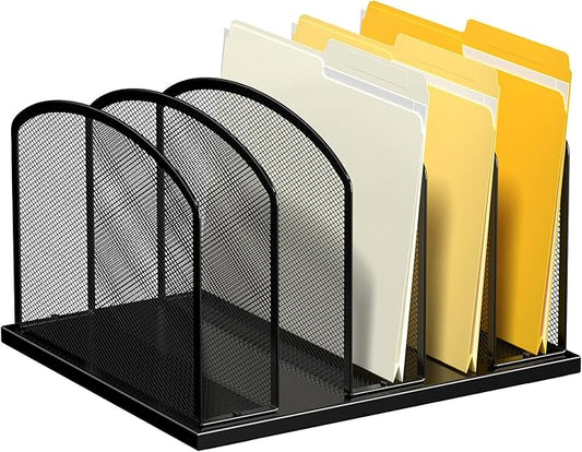 Large Size Desk File Organizer, Metal Mesh Vertical Desktop File Holder, 5-Section file organizer for Desk Home Office (1 Pack), Black