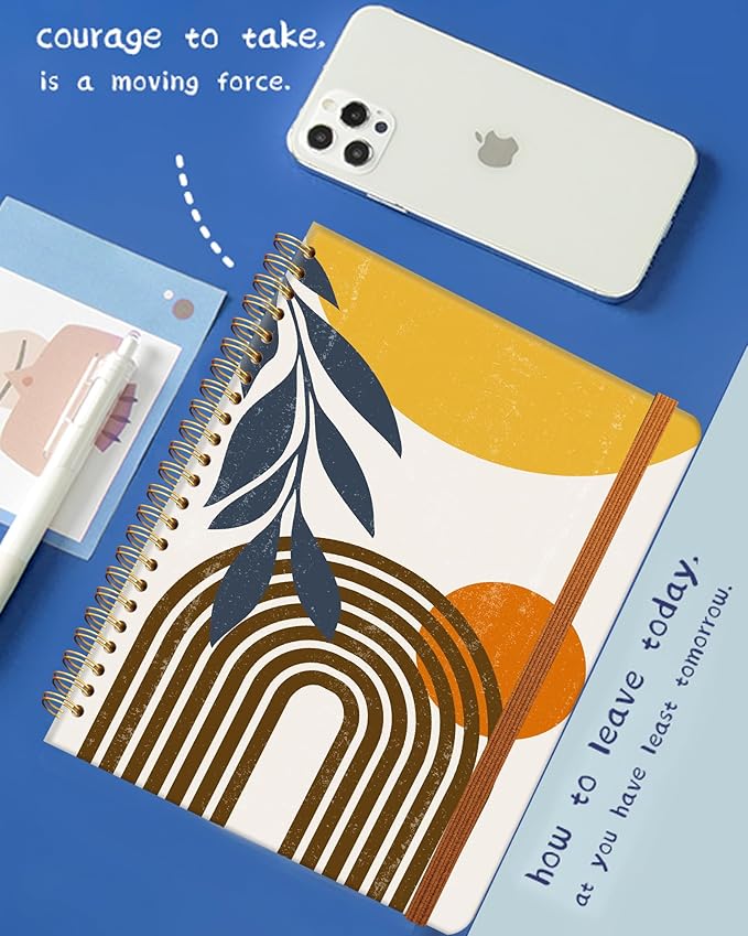 Ruled Spiral Writing Notebook,A5 Hardcover Lined College Journal for Women Lady,Fashion Puppy Watercolor Strong Twin-Wire Binding with Premium Paper,8.4" X 6",Perfect for School,Office,Home Gifts(Abstract Boho Sun Moon Leaves)