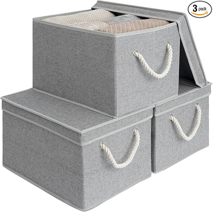 StorageWorks Storage Bins with Lids, Decorative Storage Boxes with Lid and Soft Rope Handles, Foldable Storage Baskets for Closet, Shelves, Stackable, Gray, Jumbo, 3-Pack