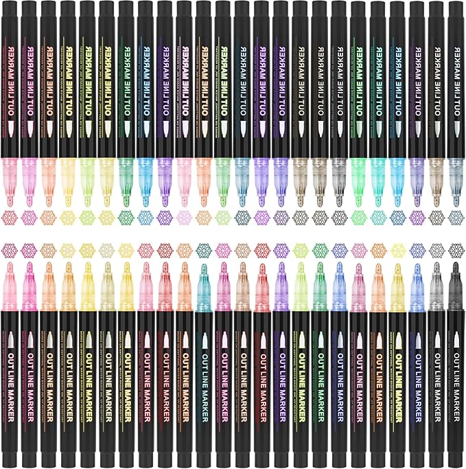 Double Line Outline Pens,48 Colors Self-outline Shimmer Markers Set,Double Line Pen for Drawing, Greeting Card,Birthday Greeting, DIY Art Crafts, Easter Eggs