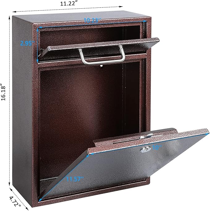 KYODOLED Steel Key Lock Mail Boxes Outdoor,Locking Wall Mount Mailbox,Security Key Drop Box,Collection Boxes,16.2Hx 11.22Lx 4.72W Inches,Bronze X Large
