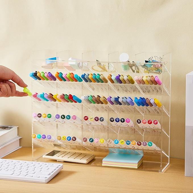 Acrylic Pen Organizer Storage for 300 Markers Vertical Marker Organizer Acrylic Pen Display Holder for Office Desk Desktop Stationery Pencil Storage, Clear, 15 x 4 x 12.4 Inch