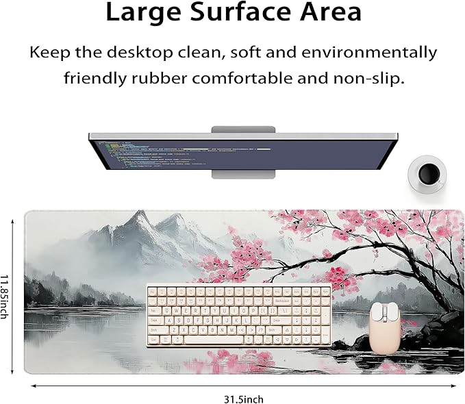 31.5”x11.8”Large Gaming Mouse Pad for Desk, Mouse Mat with Seamed Edges, Waterproof Desk Pad, Non-Slip Rubber Base, Keyboard Pad Computer Mat, Big XL Mousepad-japannese Landscape Painting