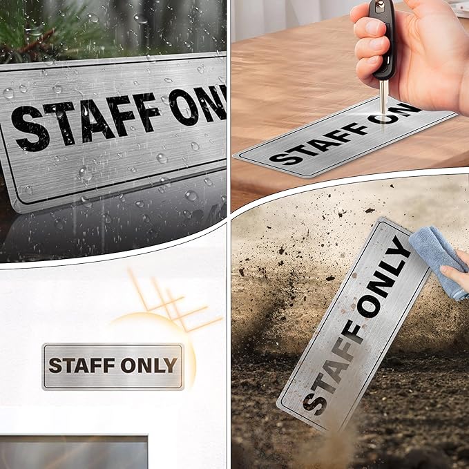 Staff Only Sign Aluminum Silver 9 x 3 Inches Self-Adhesive Waterproof Metal Door Wall Sign for Business Offices 4 Pack