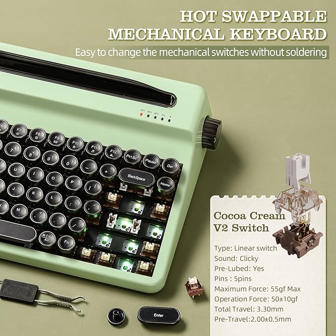 YUNZII QL75 Wireless Typewriter Hot Swap Retro Mechanical Keyboard,Punk Round Keycaps,RGB Backlit QMK/VIA Programmable, Multi-Device Keyboard with 2.4GHz/Type-C/BT5.0 (Green, Cocoa Cream V2 Switch)