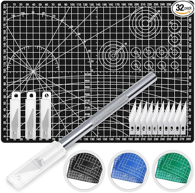 Anezus Exacto Knife with Hobby Mat for Crafts, Self Healing Cutting Mat Hobby Knife with 30 PCS Exacto Blades Precision Knife for Art and Crafts Paper Scrapbooking Stencil (Black)