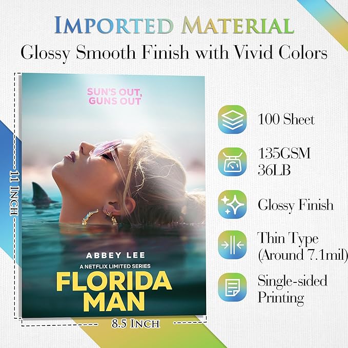 A-SUB Glossy Thin Photo Printer Paper for Flyer Brochure Chip Bag 8.5x11 Inch 36lb for Inkjet Printer Dye Ink Single-Side Print 135gsm