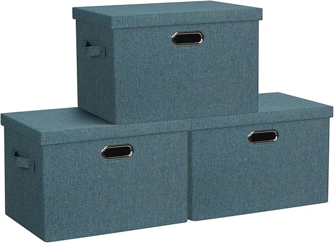 Large 17" 36 Quart Collapsible Stackable Storage Bins with Lids, 3 Packs Blue-Green Linen Fabric Closet Boxes with Lids, Storage Cube Baskets Container Organizers for Bedroom (17x12x11)