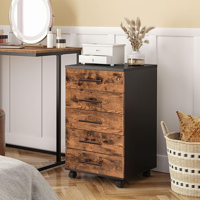HOOBRO 5-Drawer File Cabinet, Office Filing Cabinet with Drawers, Wooden Mobile Storage Cabinet with Wheels, for Makeup, Home Office, Easy Assembly, Rustic Brown BF05WJ01G1