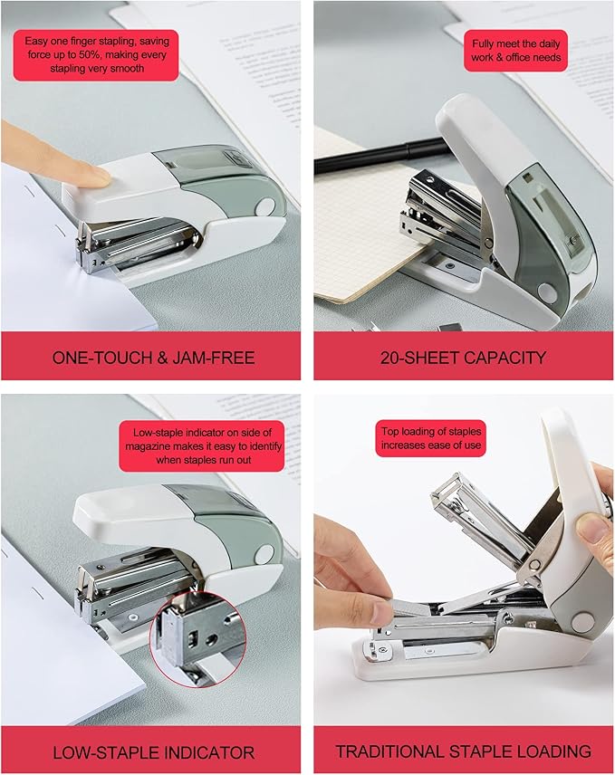 PAPERPAL Effortless Standard Stapler Set, 20 Sheet Capacity, Half Strip with Built-in Staples Storage, Includes 1000 pcs 1/4“ Staples & A Staple Remover, for Office, School & Personal Use, White