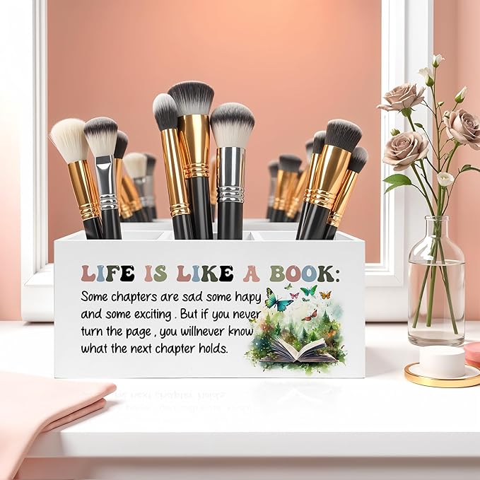 Inspirational Pencil Pen Holder for Desk, Life Is Like A Book Wooden Pencil Holder Organizer for Home Office Library Desk Accessories, Encouragement Gifts for Women