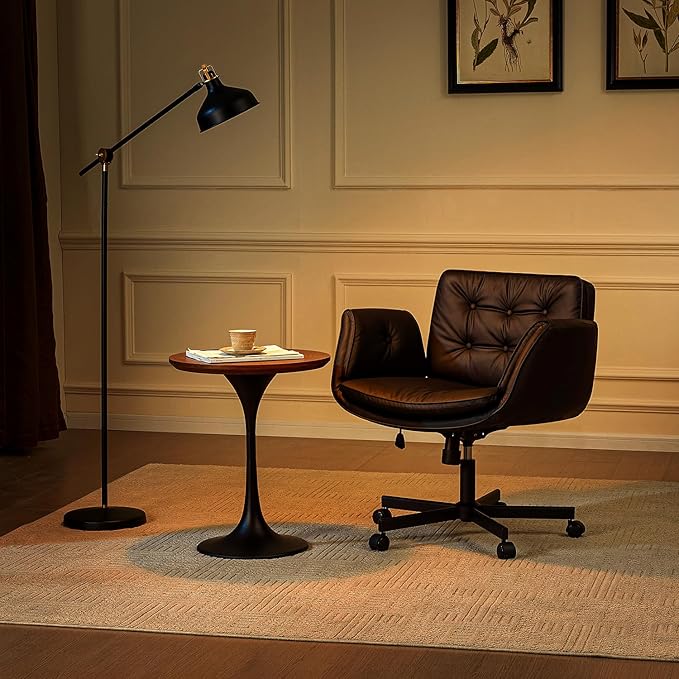 Criss Cross Chair with Armrests & Wheels, PU Leather Vanity Chair, Comfortable Adjustable Swivel Computer Office Desk Chairs for Home, Make Up, Bed Room (Black)