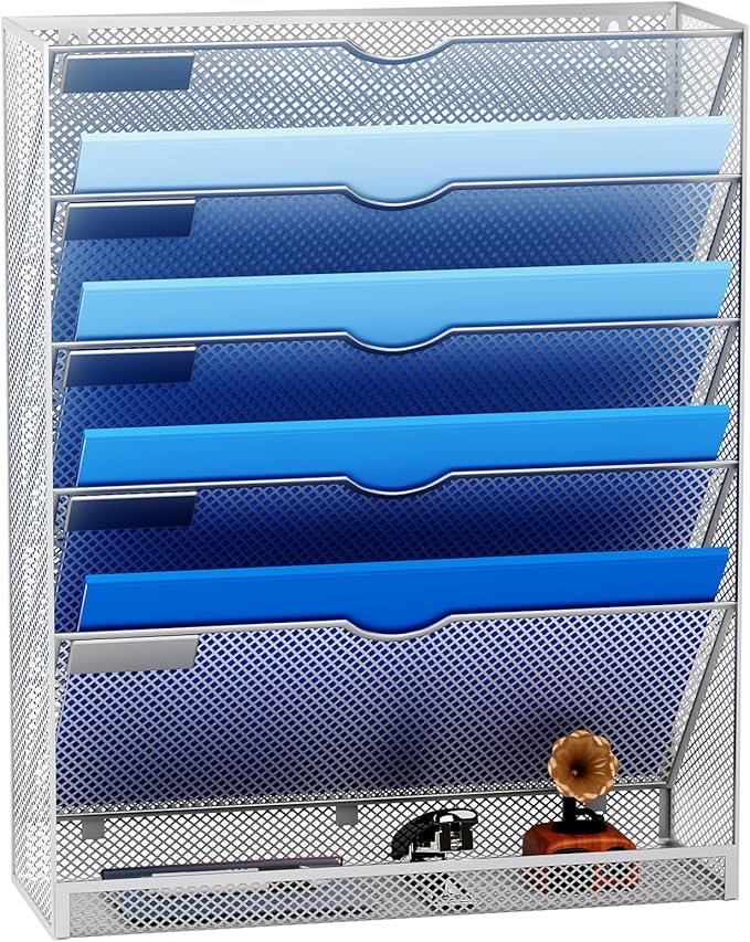 Hanging Wall File Organizer 6 Tier Wall Mounted File Holder Document Wall Organizer Magazine Organization for Office Home, Silver