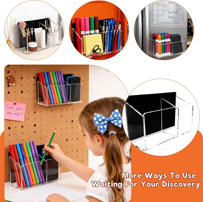 Magnetic Dry Erase Marker Holder - Non-Slip Acrylic Pen Organizer with Powerful Magnets for Whiteboard, Refrigerator, Office Desk, Classroom Supplies & Home Organization-Clear