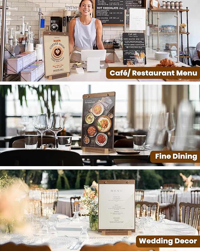 1PK Acrylic Sign Holder 8.5 x 11 with Walnut Wood Base, Clear Plastic Commercial Display Stand for Menu, Poster, Flyer, Table Paper Frame for Restaurant, Office, Store, Bar, Wedding