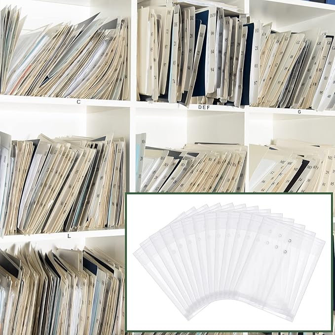 50 Pcs A4 Size Clear Plastic Poly Envelopes with String Closure, Expandable Files Document Folder, Reusable Large Capacity File Bag for School Office and Home(50 Pcs)