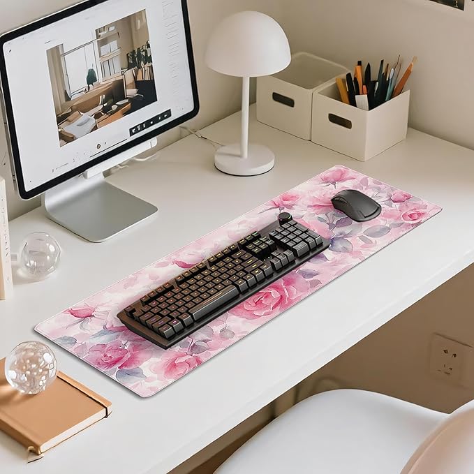 31.5”x11.8”Large Gaming Mouse Pad for Desk, Mouse Mat with Seamed Edges, Waterproof Desk Pad, Non-Slip Rubber Base, Keyboard Pad Computer Mat, Big XL Mousepad-Pink Roses Watercolor
