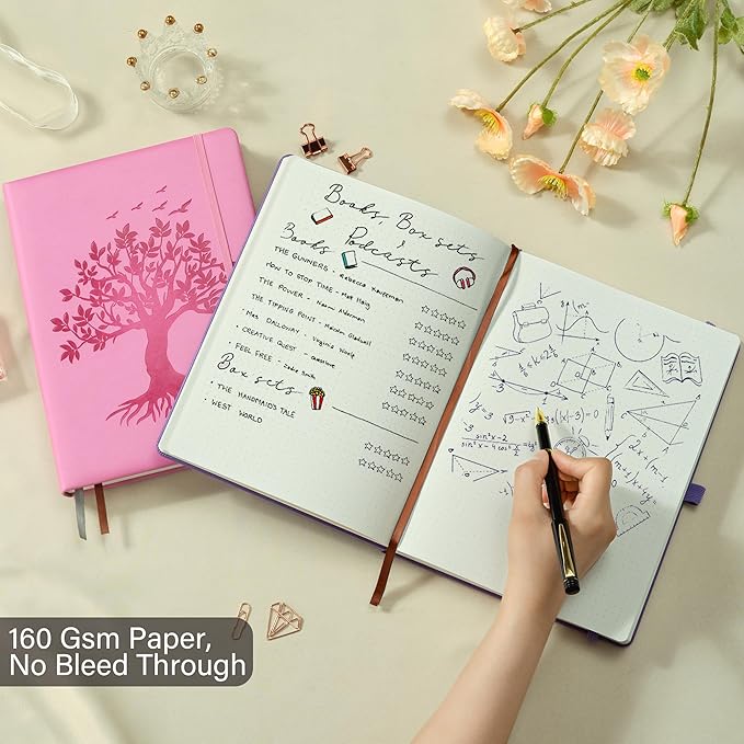 ZXHQ A5 Bullet Dotted Journal Notebook for Women -150gsm Thick Paper, 256 Pages, Dot Grid Hardcover, Tree of Life Design, Fine Inner Pocket - 5.9" × 8.5" Pink