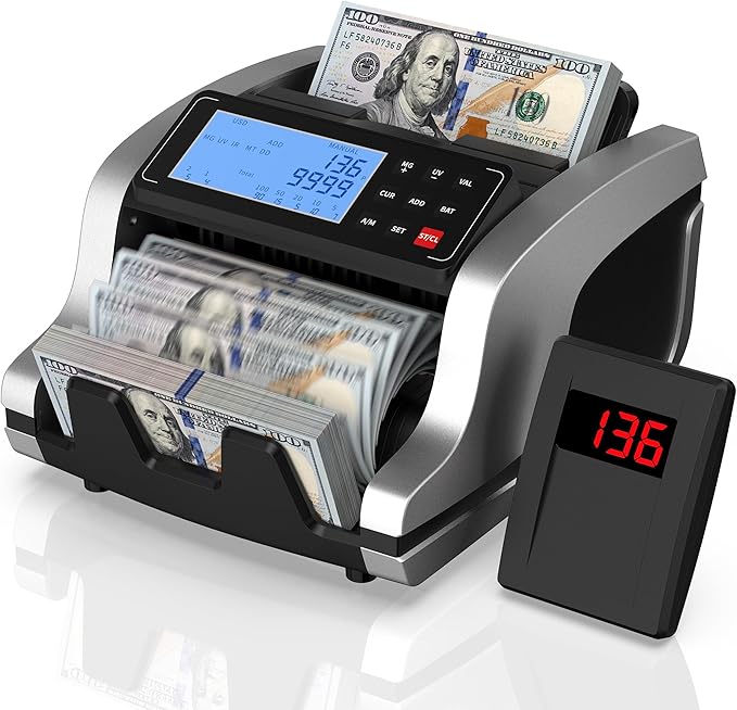PONNOR Money Counter Machine with Value Count, UV/MG/IR/MT/DD Counterfeit Bill Detection, Dollar Euro Cash Counter with Count/Add/Batch/Auto Modes, External LCD Display