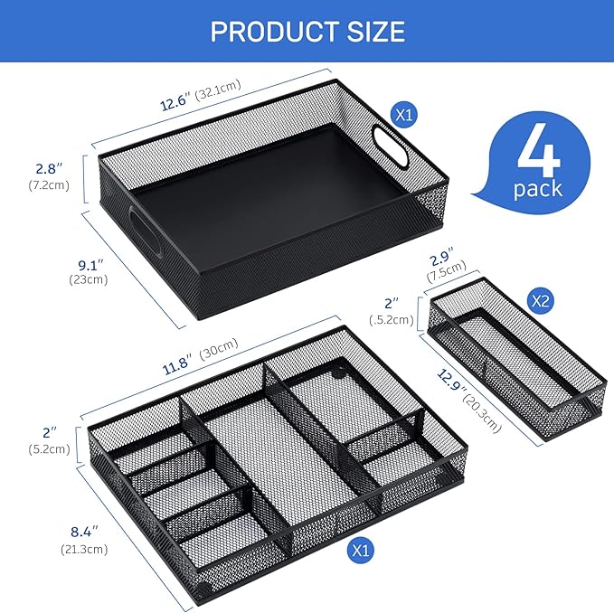 Neudeco Desk Drawer Organizer with 6 Adjustable Dividers, Metal Pen organizer for desk drawer,Mesh Office Desk Drawer Organizer Tray for office supplies (Pack 4, Black)