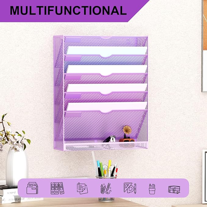 Hanging Wall File Organizer 6 Tier Wall Mounted Mail Paper Folder Holder Document Organization Stand, Vertical Desk Magazine Rack for Office Home Cubicle Countertop, Light Purple