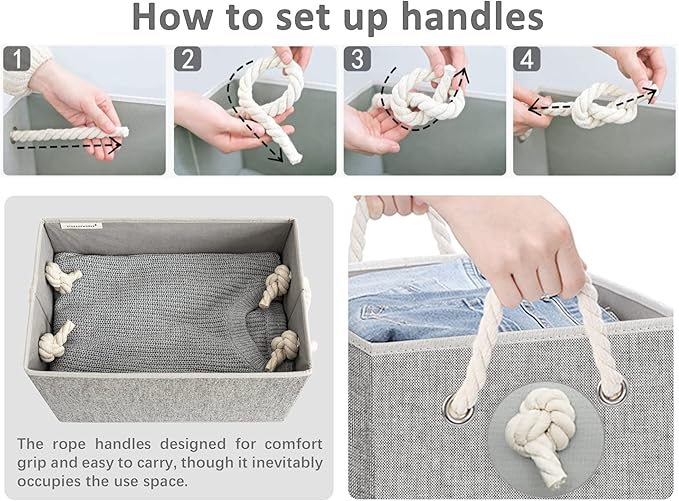 StorageWorks Large Storage Bins with Lids, Decorative Storage Boxes with Lid and Soft Rope Handles, Foldable Storage Baskets for Closet, Shelves, Stackable, Gray, 3-Pack