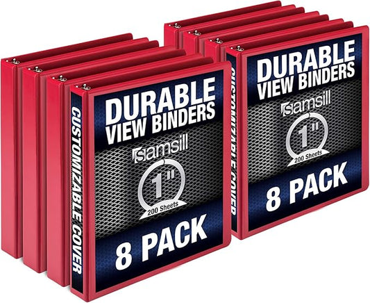 Samsill Durable 1 Inch Binder, Made in The USA, Round Ring Customizable Clear View Binder, Red, 8 Pack (MP88433)