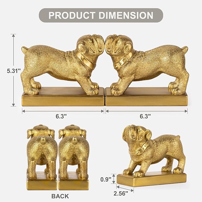 Decorative Bookends for Shelves, Dog Book Ends for Heavy Books, Bulldog Statues Bookends for Heavy Books with Anti-Slip Base Book Holders for Home Office Decor (Gold)