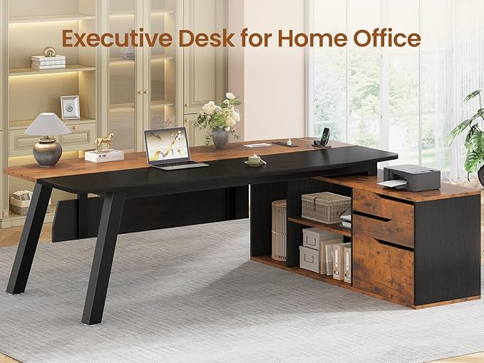 SEDETA 71" Executive Desk with File Cabinet, Large Office Desk with Drawers and Shelves, L Shaped Computer Desk with Power Outlets, Business Furniture Desk Workstation for Home Office, Brown