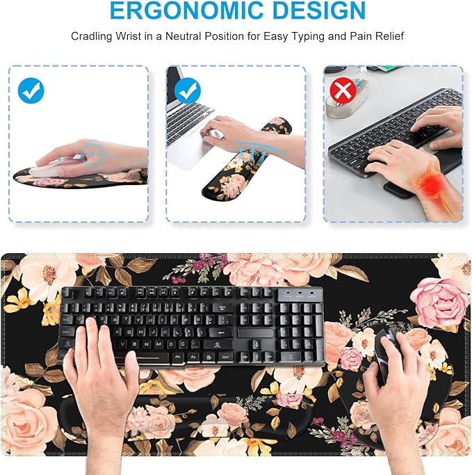 iCasso Desk Mat, Gaming Mouse Pad Wrist Support Set,4in1 XXL Large Mousepad + Keyboard Wrist Rest+Mouse Wrist Rest+Coaster Set with Ergonomic Design for Home Office Table Computer-Penoy