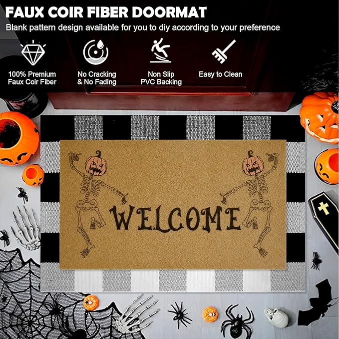 2 Pcs Halloween Welcome Door Mat 30 x 17 Inch Funny Skeleton Welcome Coir Doormats for Front Door Skull Pumpkin Door Mat Non Slip 2-in-1 Buffalo Plaid Rug for Outside Entrance Porch Home Patio Decor