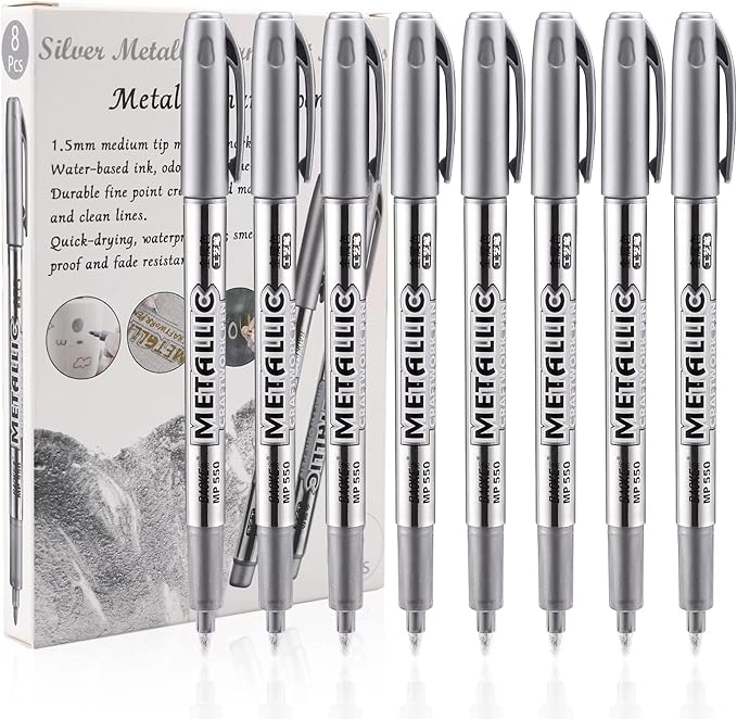 LOONENG Silver Permanent Marker, Fine Point, Acid Free, Non-Toxic Ink, Quick Drying, Ideal for Adult Coloring, Crafts, Gift Cards, Fabric, Photo Albums, 8 Count