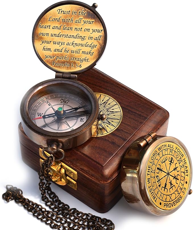 Trust in The Lord With All Your Heart - Proverbs 3:5-6 Quote Engraved Compass With Wooden Box, Greeting Card, Gift Compass, Graduation Day Gifts 2024 for Women Men Boys Girls