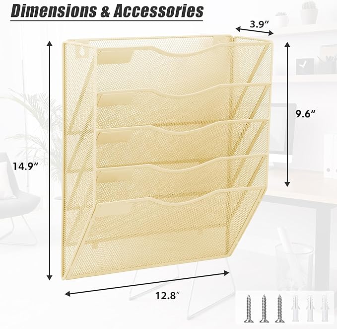 EASEPRES 5 Pocket Mesh Hanging Wall File Organizer, Wall Mounted Mail Paper Document Folder Holder, Clipboard Storage Organization Magazine Rack with Nametag Label for Office Home School, Gold