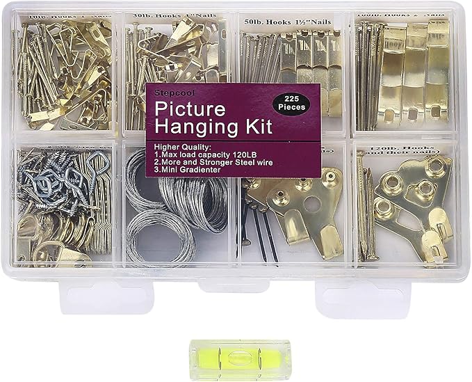 Picture Hangers, Picture Hanging Kit, 225pcs Heavy Duty Frame Hooks Hardware with Nails, Hanging Wire, Screw Eyes, D Ring and Sawtooth for Wall Mounting