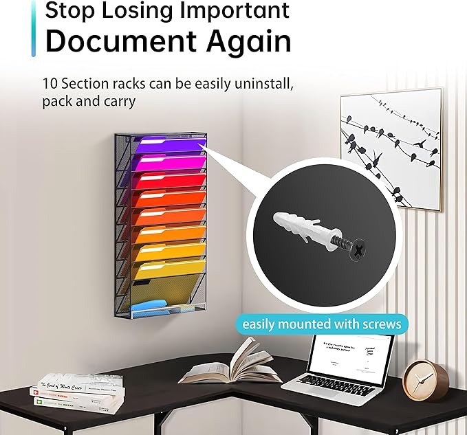 10 Tier Wall File Organizer, Hanging Wall Mount File Holder Paper Folder Mail Organizer, Mesh Metal, Black 2Pack