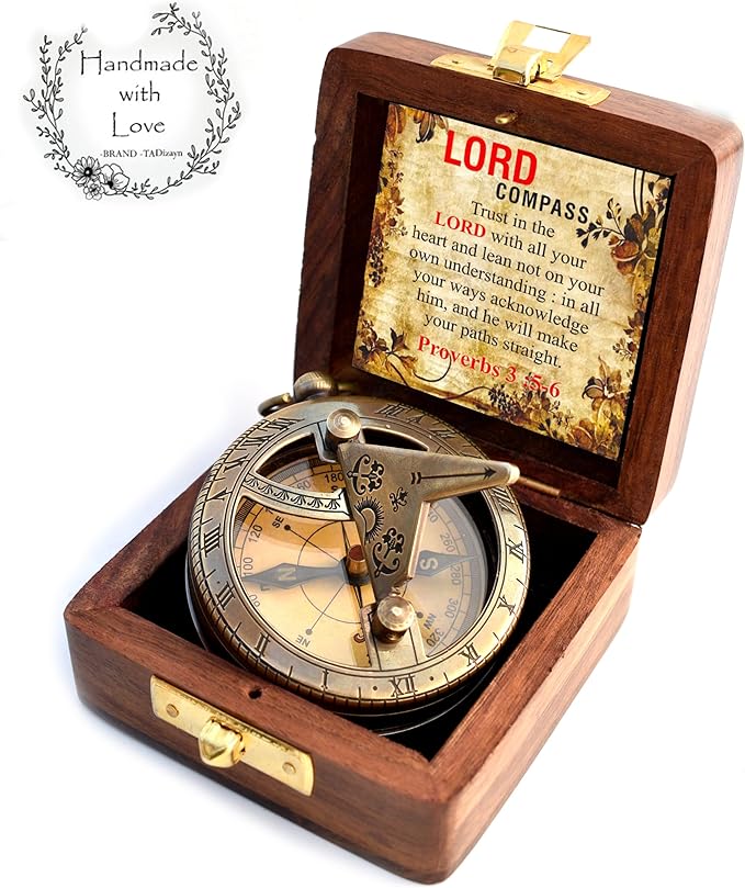 Trust in The Lord With All Your Heart - Proverbs 3:5-6 Quote Engraved Compass With Wooden Box, Greeting Card, Gift Compass, Graduation Day Gifts 2024 for Women Men Boys Girls