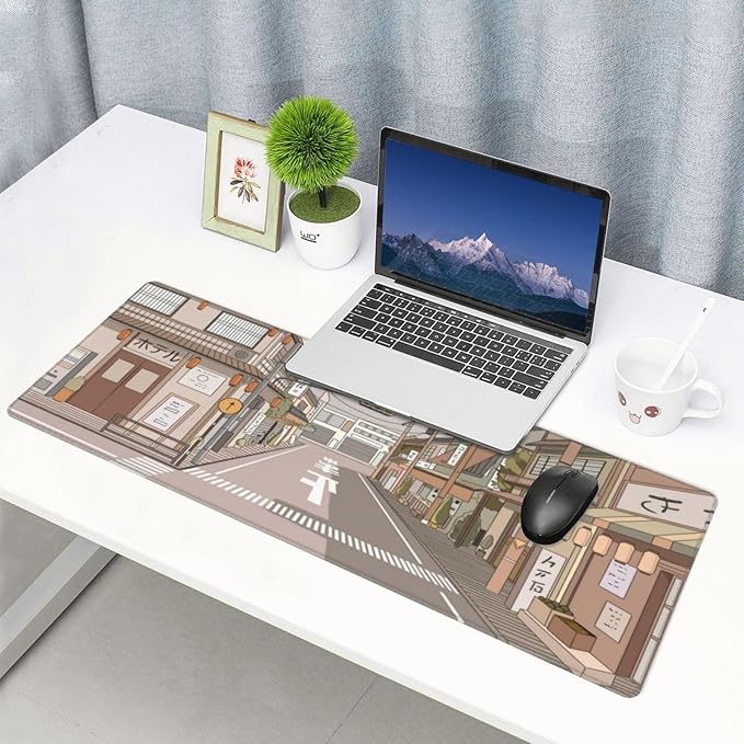 Tokyo Street Anime Kawaii Large Gaming Mousepad XXL Beige Cute Desktop Laptop Keyboard Mouse Mat Desk Pad Big 31.5''x15.7'' with Stitched Edges Non-Slip Rubber Base