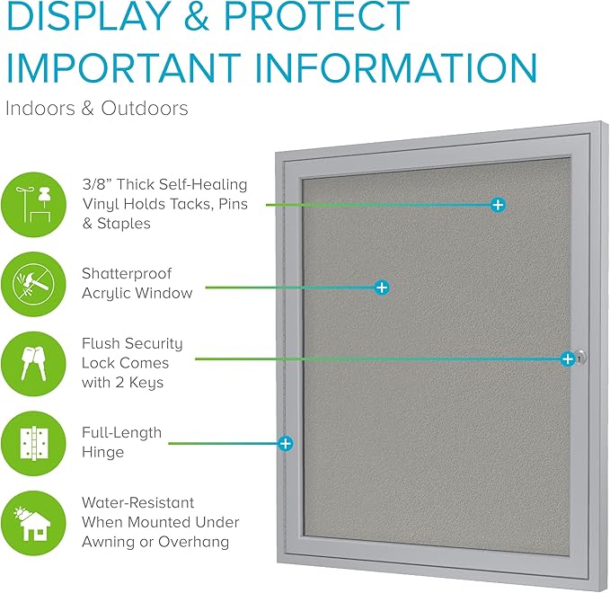 Ghent 36"x36" 1-Door Outdoor Enclosed Vinyl Bulletin Board, Shatter Resistant, with Lock, Satin Aluminum Frame - Silver (PA13636VX-193), Made in The USA