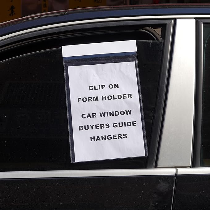 50 Pack Clip on Form Holder 50 Pack, PVC Buyers Guide Holder 9" x 13" Clear Plastic Pouch, Document Holders Window Hangers for Car Dealership