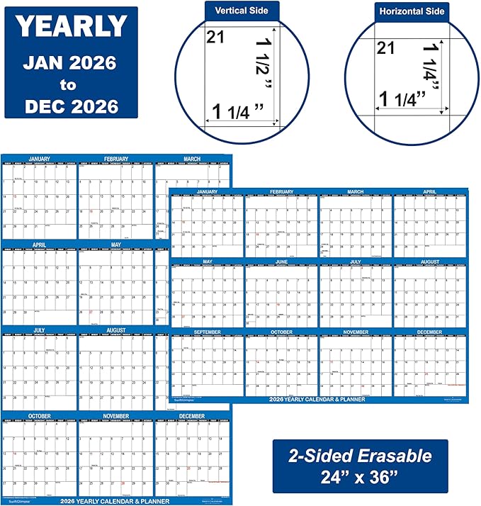 24" x 36" SwiftGlimpse 2026 Wall Calendar Erasable Large Wet & Dry Erase Laminated 12 Month Annual Yearly Wall Planner, Reversible, Horizontal/Vertical, Navy