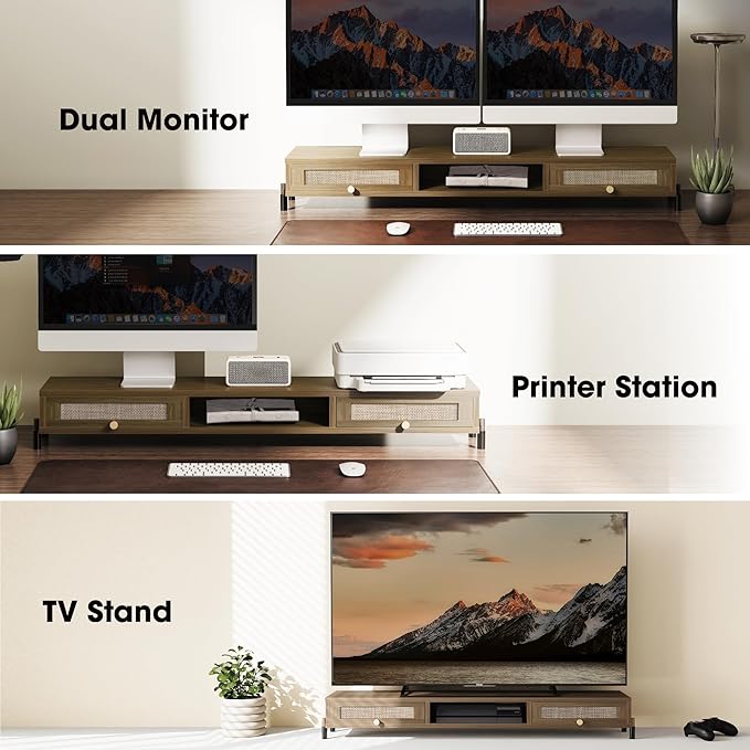Fenge Dual Monitor Stand for Desk - Long Wooden Riser With Rattan Woven Drawer, 2 Tier Desk Shelf for 2 Monitors, Vintage Computer Stand for Laptop, Printer, TV