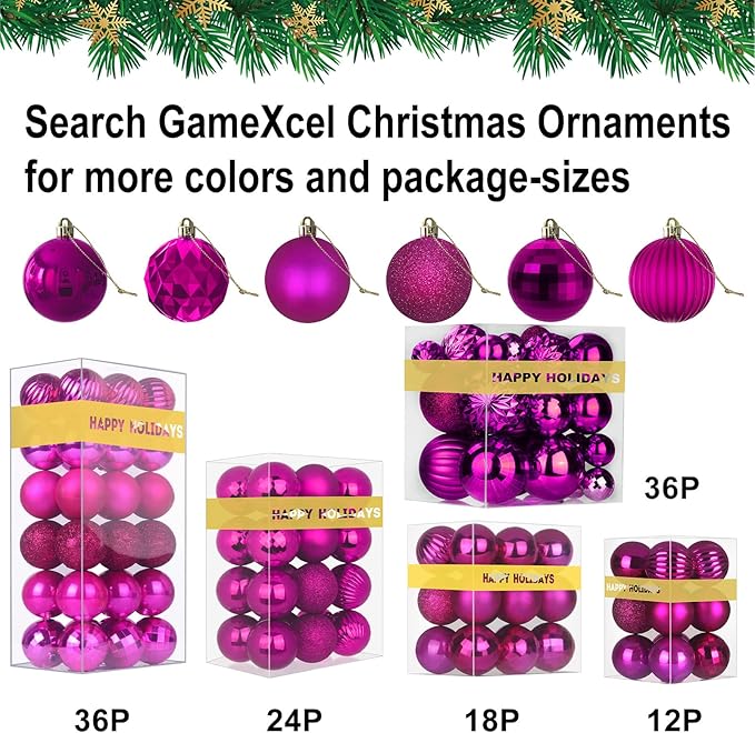 Fuchsia Christmas Ornaments - Christmas Tree Decorations Shatterproof Hanging Balls for Birthday Wedding Holiday Decor Set of 36pcs, Multi-Sizes(1.6",2.5",3.2")
