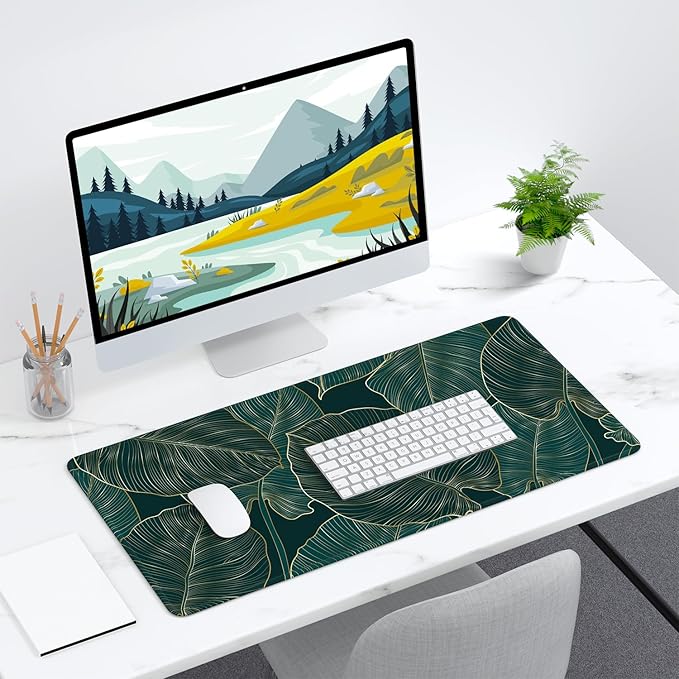Desk Mat, 32" x 16" XXL Extended Large Gaming Mouse Pad, Desktop Decor Desk Pad, Cute Men Women Office Supplies and Accessories, XL Mouse Mat for Laptop & Keyboard, Teal Tropical Leaves