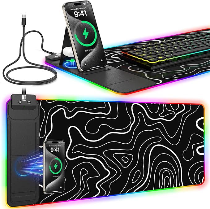 RGB Mouse Pad with Foldable Phone Stand & Wireless Charger, 31.5"x11.8" XL Gaming Mousepad Large Desk Mat, Desk Pad with Dual Charging for Phone & AirPods | 11 Colors & 5 Modes | Waterproof