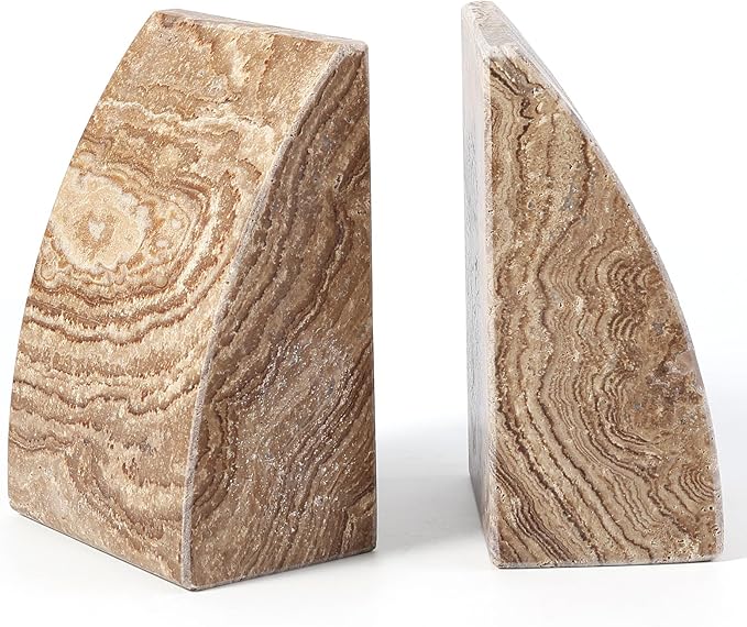 Koville Travertine Bookends for Shelves, Large Stone Bookends for Heavy Books, Non-Slip Heavy Duty Book Stopper for CD/Movies, Aesthetic Decorative Book Ends for Bookshelf Table Home Decor(Brown)