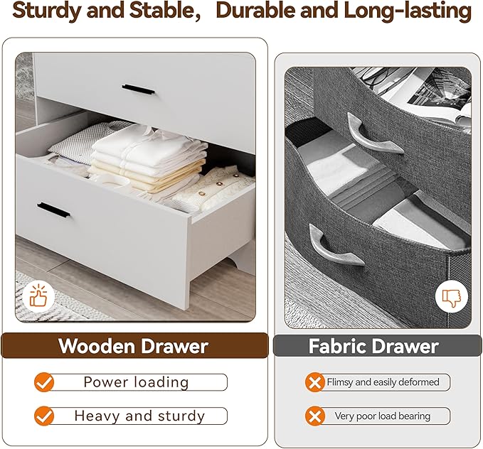 Dresser with Power Outlets Wooden 6 Drawer Dresser with Large Organizer White Tall Storage Organizer with Smooth Metal Rail Modern Chest of Drawers Closet for Bedroom Hallway